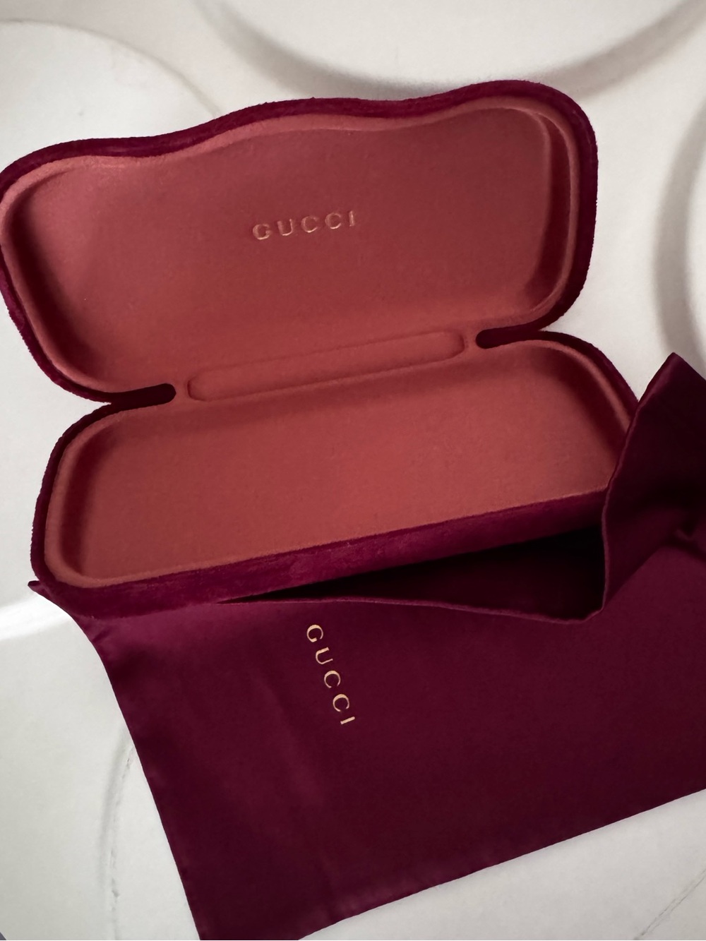 Gucci Eyeglass Case in Burgundy Velvet & Matching Satin Bag, Brand New